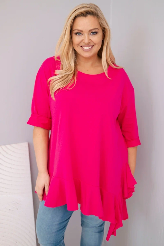 37073_3 Moteriška Plus Size marškinėliai su medvilne, raukšlėmis ir sukamu rankovėmis