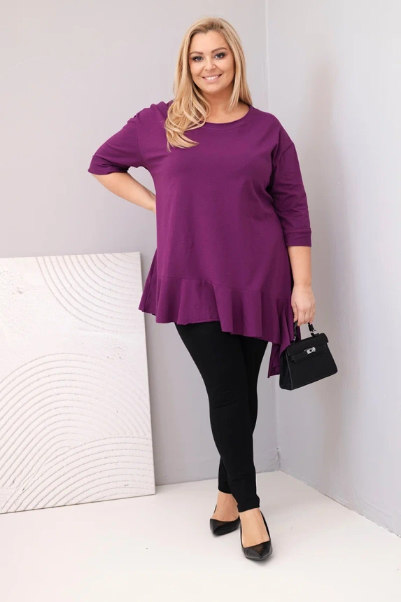 37077_1 Moteriška Plus Size marškinėliai su medvilne, volanai ir suveržiamis rankovėmis tamsiai - Image 2