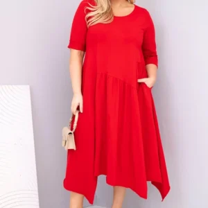 Moteriška medvilninė suknelė Plus Size su asimetriniu kraštu