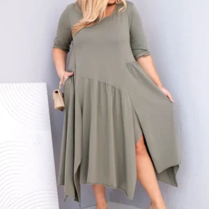 Moteriška medvilninė suknelė Plus Size su asimetrine apačia khaki