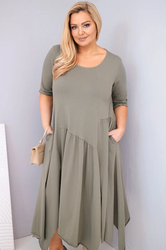 37418_3 Moteriška medvilninė suknelė Plus Size su asimetrine apačia khaki - Image 2