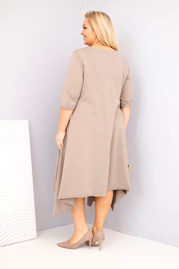 37420_2 Moteriška medvilninė suknelė Plus Size su asimetrišku apačiu fango - Image 3