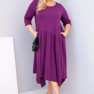 Moteriška medvilninė suknelė Plus Size su asimetriniu sijonu tamsiai