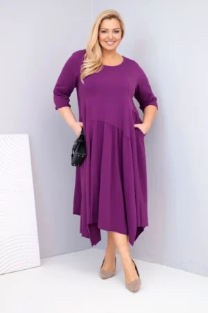 Moteriška medvilninė suknelė Plus Size su asimetriniu sijonu tamsiai