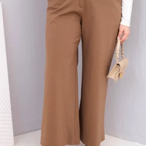 Moteriškos Plus Size kelnės su plačiomis kojomis ir aukštu liemeniu šviesiai kamelinės