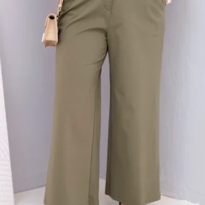 Dydžiosios moteriškos kelnes su plačiomis kojomis ir aukštu liemeniu khaki