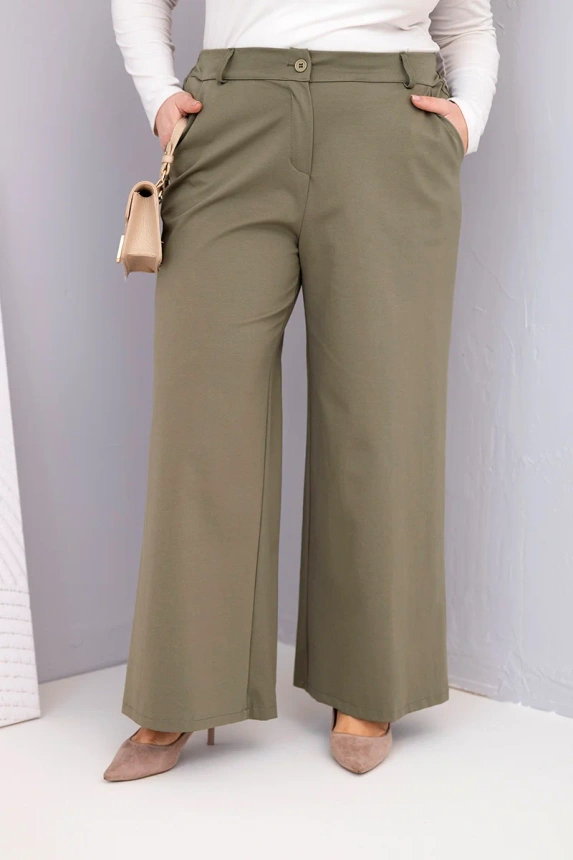 37623_3 Dydžiosios moteriškos kelnes su plačiomis kojomis ir aukštu liemeniu khaki