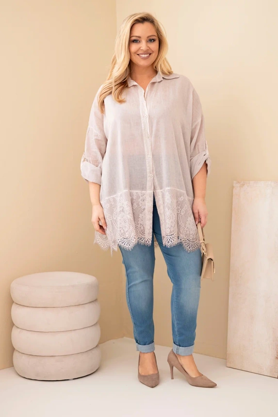 37714_1 Moteriška Plus Size medvilninė marškiniai su nėriniuota apdaila tamsiai beige - Image 2