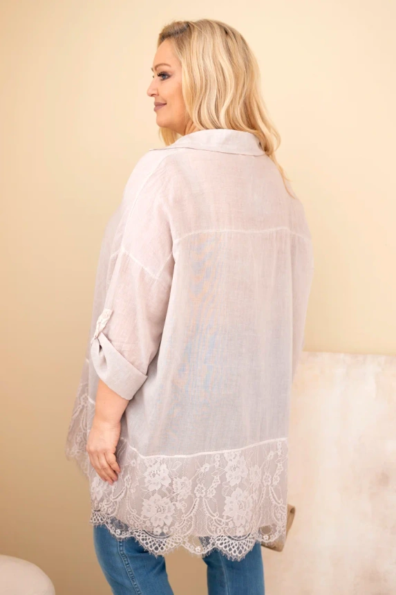 37714_2 Moteriška Plus Size medvilninė marškiniai su nėriniuota apdaila tamsiai beige - Image 3