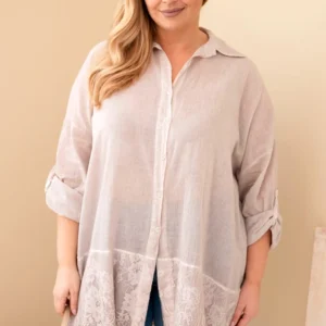 Moteriška Plus Size medvilninė marškiniai su nėriniuota apdaila tamsiai beige