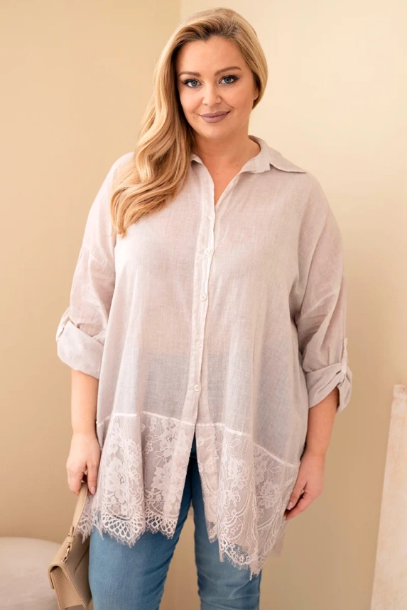 37714_3 Moteriška Plus Size medvilninė marškiniai su nėriniuota apdaila tamsiai beige