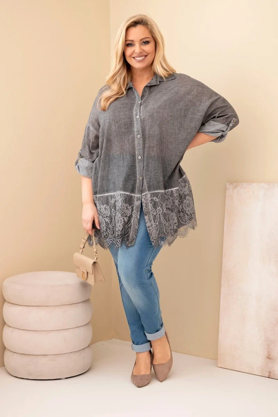 37715_1 Moteriška marškiniai Plus Size medvilniniai su nėriniu apdaila - Image 2