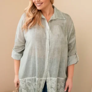 Moteriška Plus Size medvilninė marškiniai su nėriniuotais apdailos elementais khaki