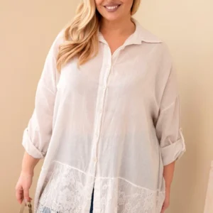 Moteriška Plus Size medvilninė marškiniai su nėriniu apdaila bežinė