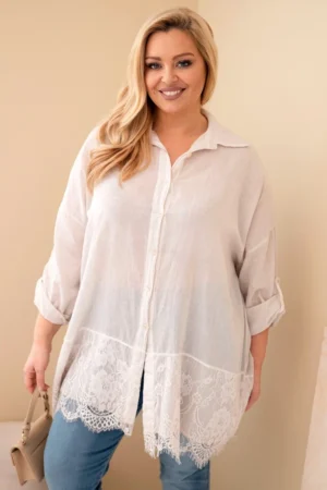 Moteriška Plus Size medvilninė marškiniai su nėriniu apdaila bežinė