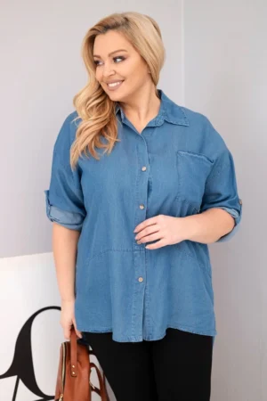 Moteriška Plus Size marškiniai iš lyocello su ilgesne nugara ir mygtukiniu rankovėmis