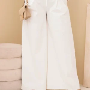 Moteriškos Plus Size kelnės su plačiomis kojomis ir dekoratyvine gėle liemenyje ecru