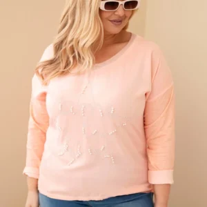 Moteriška Plus Size marškinėliai su užrašu ir perlais persikų