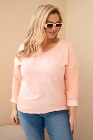 Moteriška Plus Size marškinėliai su užrašu ir perlais persikų
