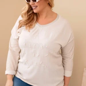 Moteriška Plus Size marškinėliai su užrašu ir perlų bežinė