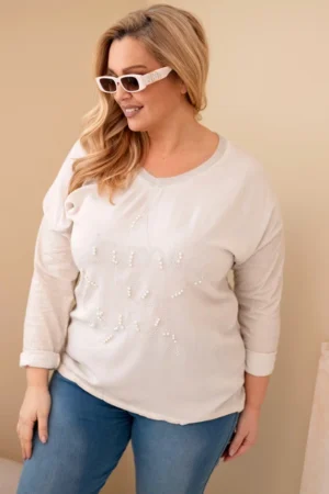 Moteriška Plus Size marškinėliai su užrašu ir perlų bežinė