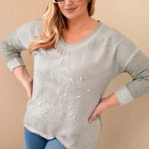 Moteriška Plus Size bluzonė su užrašu ir perlais khaki