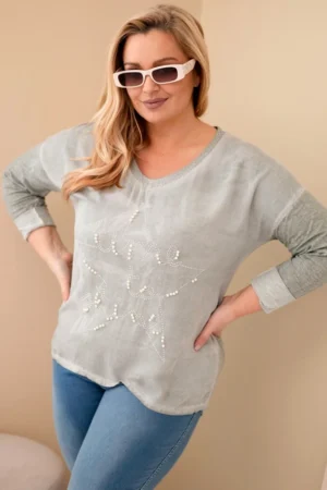 Moteriška Plus Size bluzonė su užrašu ir perlais khaki