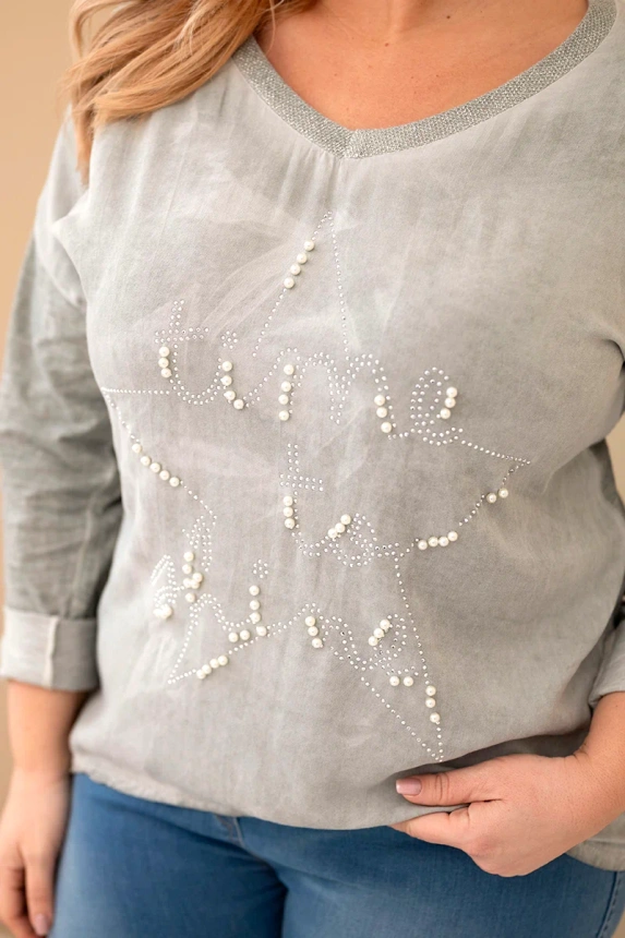 37756_4 Moteriška Plus Size bluzonė su užrašu ir perlais khaki - Image 2