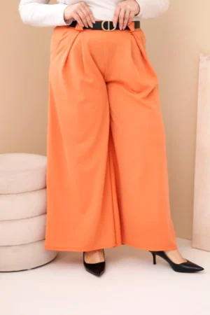 Moteriškos Plus Size vizkosinės kelnės su plačiomis kojomis ir diržu persikų