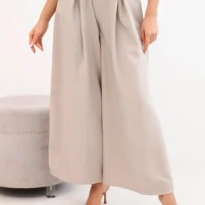 Moteriškos kelnės su plačiomis kojomis ir diržu tamsiai