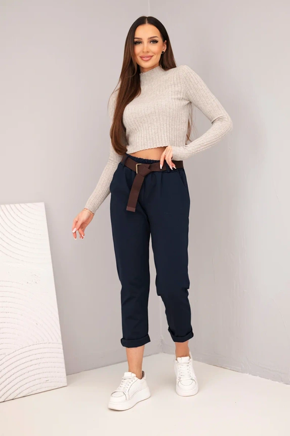 37786_1 Moteriškos medvilninės kelnės su diržu ir apvyniota klešna - Image 2