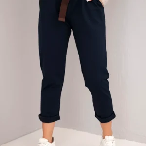 Moteriškos medvilninės kelnės su diržu ir apvyniota klešna