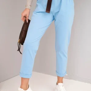 Moteriškos medvilninės kelnės su diržu ir užlenktais klešniais