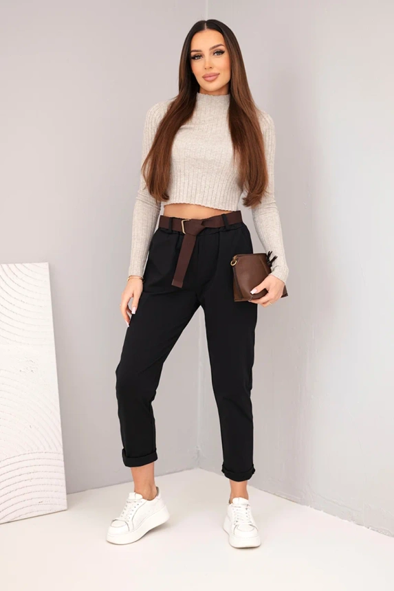 37791_1 Moteriškos medvilninės kelnės su diržu ir užlenktu klešnių galu - Image 2