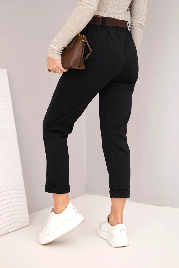 37791_2 Moteriškos medvilninės kelnės su diržu ir užlenktu klešnių galu - Image 3