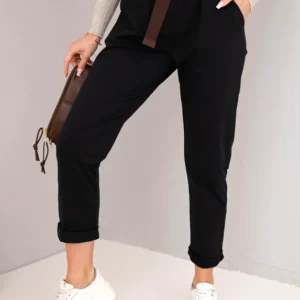 Moteriškos medvilninės kelnės su diržu ir užlenktu klešnių galu