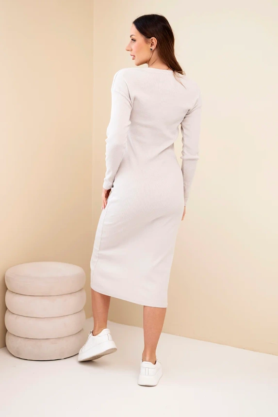 37859_4 Moteriška medvilninė suknelė su ilgomis rankovėmis ir mygtukų iškirpte bežinė - Image 4