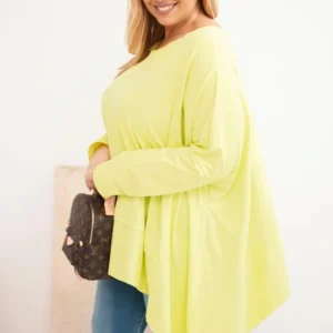 Moteriška Plus Size tunika iš medvilnės su asimetriniu apačiu šviesiai pistacijinė