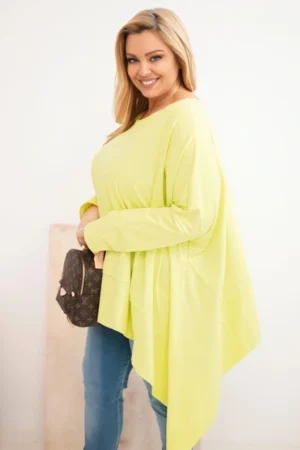 Moteriška Plus Size tunika iš medvilnės su asimetriniu apačiu šviesiai pistacijinė