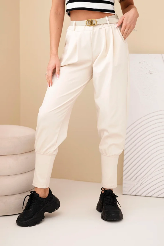 37903_4 Moteriškos medvilninės kelnės su aukštu liemeniu ir diržu bežinė