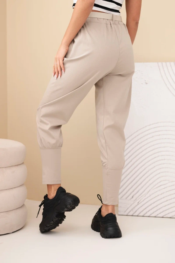 37904_2 Moteriškos medvilninės kelnės su aukštu liemeniu ir diržu tamsiai béžinė - Image 4