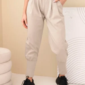 Moteriškos medvilninės kelnės su aukštu liemeniu ir diržu tamsiai béžinė