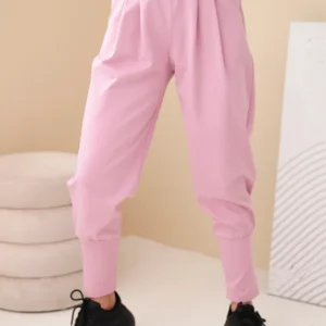 Moteriškos medvilninės kelnės su aukštu liemeniu ir diržu tamsiai