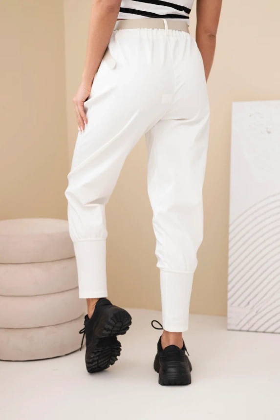 37908_2 Moteriškos medvilninės kelnės su aukštu liemeniu ir diržu ecru - Image 3