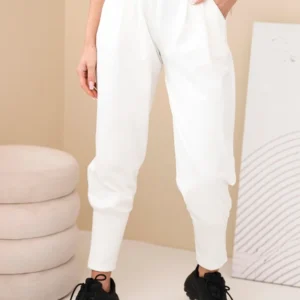 Moteriškos medvilninės kelnės su aukštu liemeniu ir diržu ecru