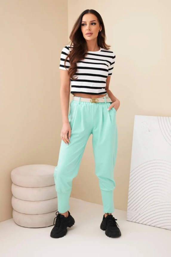 37910_1 Moteriškos medvilninės kelnės su aukštu liemeniu ir diržu - Image 2