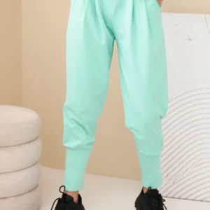 Moteriškos medvilninės kelnės su aukštu liemeniu ir diržu