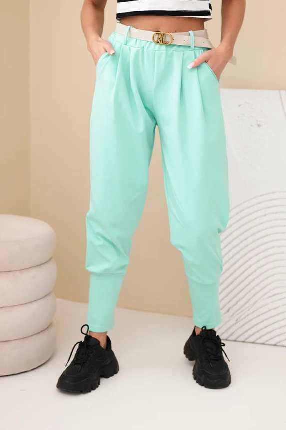 37910_3 Moteriškos medvilninės kelnės su aukštu liemeniu ir diržu