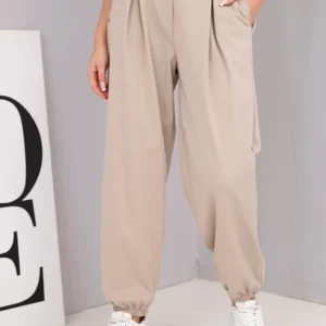 Moteriškos medvilninės kelnės su aukštu liemeniu ir dekoratyviniu mygtuku bežinės