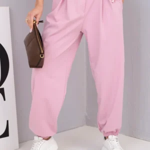 Moteriški medvilniniai kelnės su aukštu liemeniu ir dekoratyviniu mygtuku tamsiai